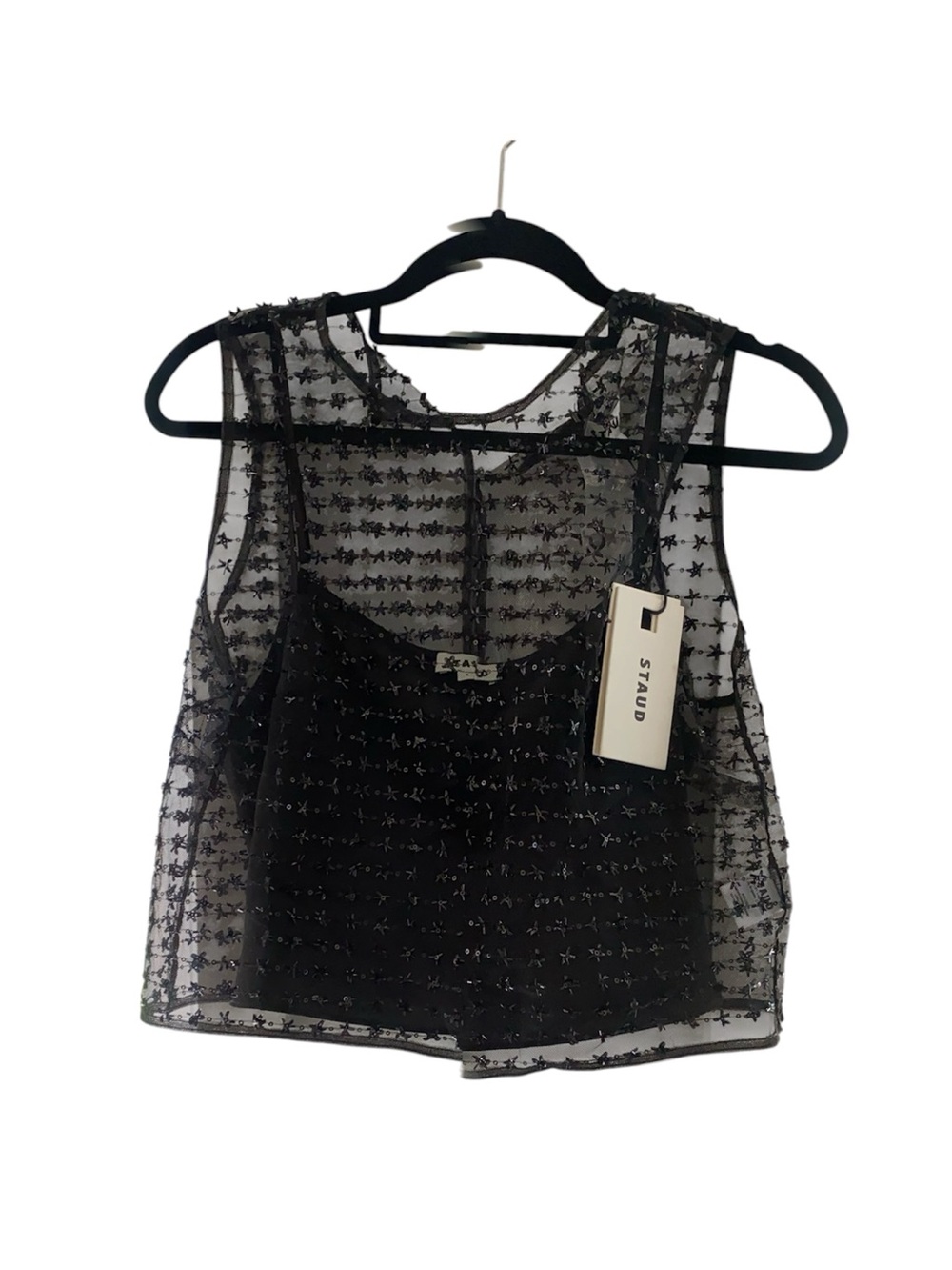 NEW!!!STAUD Seraphina Top Black Beaded Sheer Cropped Camisole - Picture 2 of 3